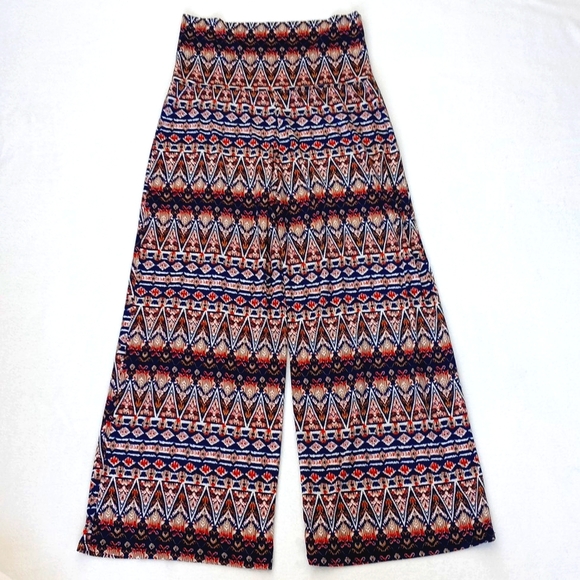 Bobbie Brooks Pants - Bohemian Women's Brown Boho Print Semi Cropped Wide Leg Palazzo Pants M